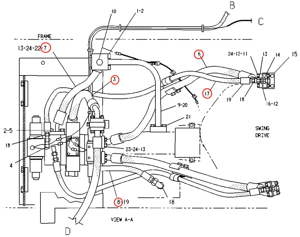 Caterpillar CAT®225B installation diagram showing hydraulic hose 2G-3738 at Pipe No. 17
