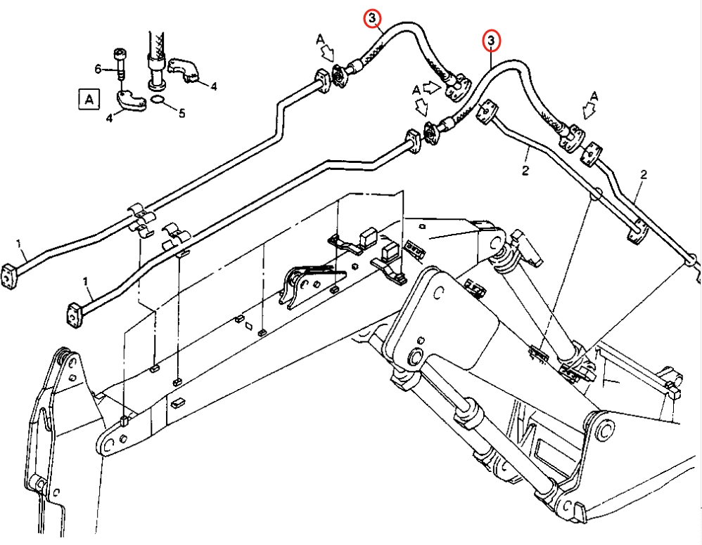 Caterpillar CAT®205B installation diagram showing hydraulic hose 8U-6472 at Pipe No. 3