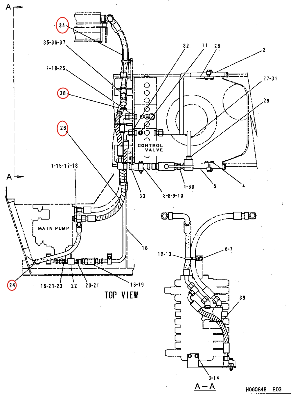 Caterpillar CAT®311B installation diagram showing hydraulic hose 121-6269 at Pipe No. 24