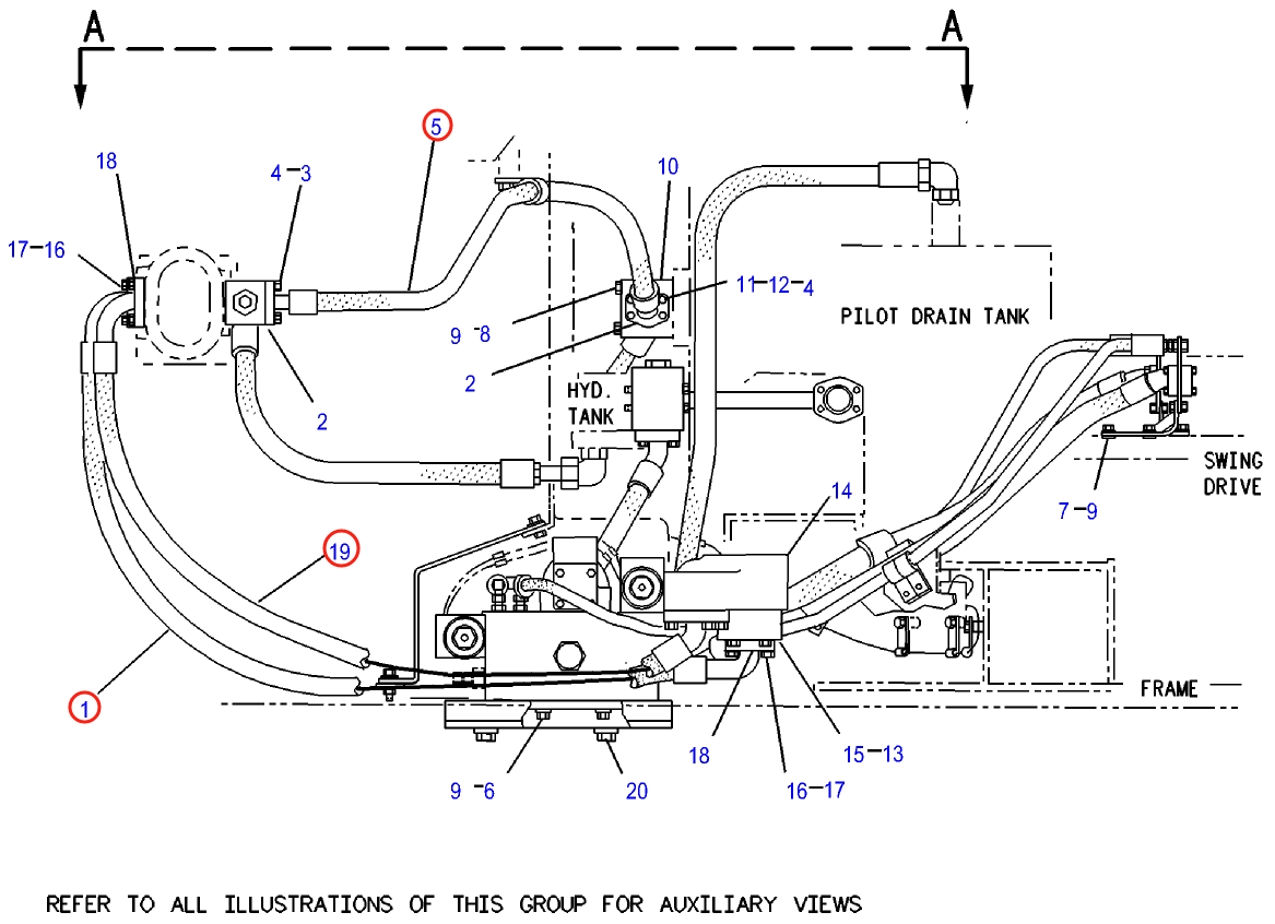 Caterpillar CAT®225D installation diagram showing hydraulic hose 5S-9368 at Pipe No. 5