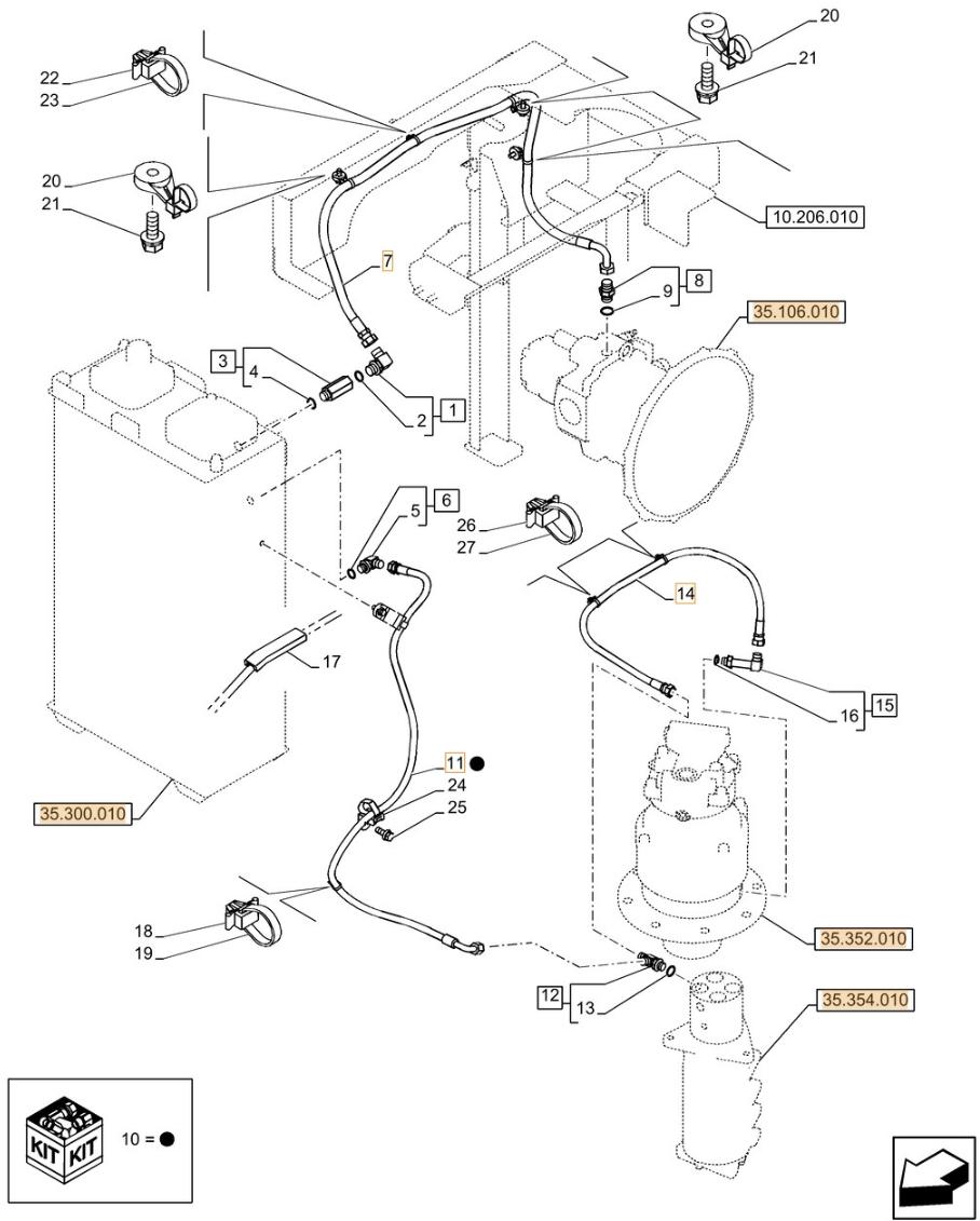 Case CX80C installation diagram showing hydraulic hose KHJ11570 at Pipe No. 11