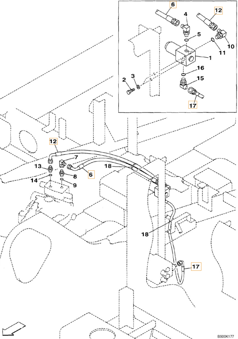 Case CX290 installation diagram showing hydraulic hose 159235A1 at Pipe No. 17