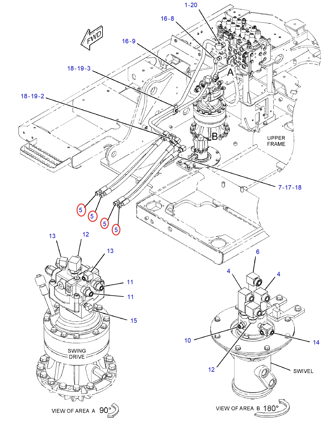Caterpillar CAT®312E installation diagram showing hydraulic hose 123-2636 at Pipe No. 5
