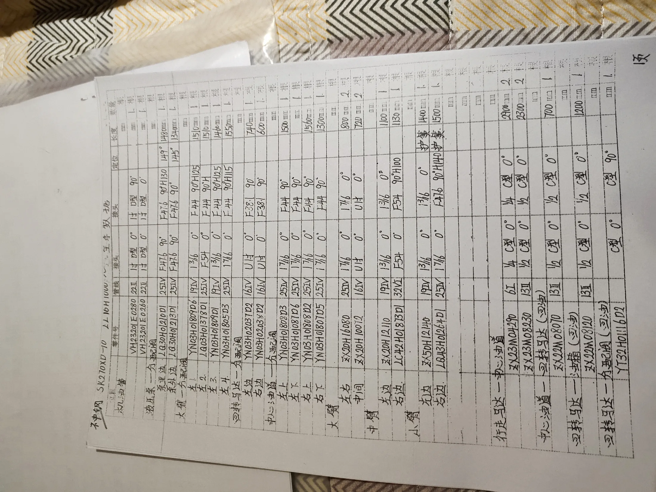 Kobelco SK270XD-10 hydraulic hose part numbers and recorded lengths — technician notebook page 1 of 5