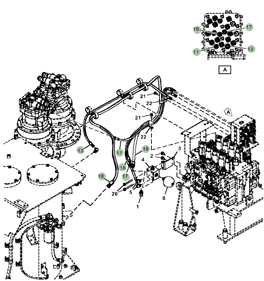 Hitachi ZX470-5A installation diagram showing hydraulic hose 4713509 at Pipe No. 16
