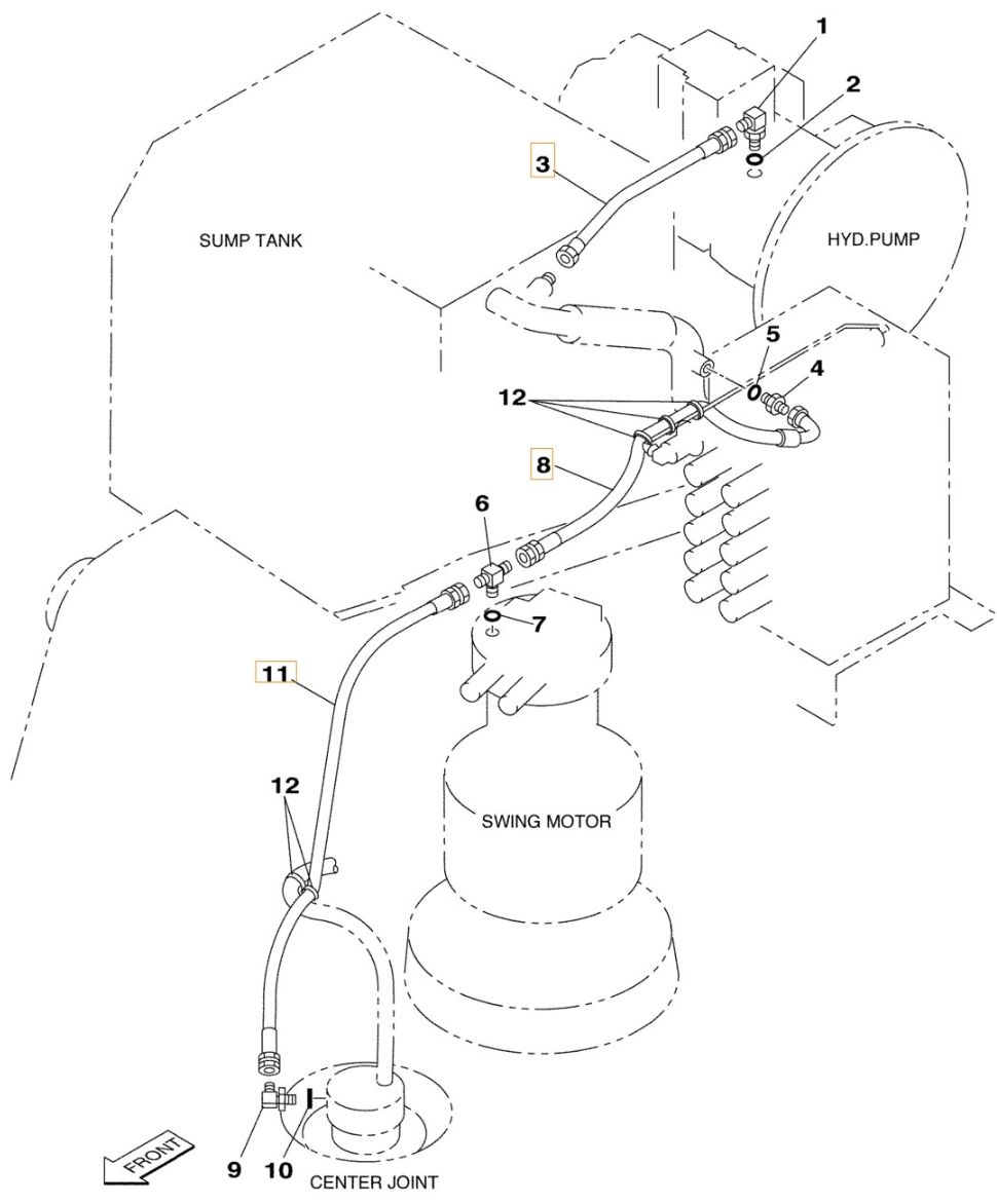 Case CX210 installation diagram showing hydraulic hose 163805A1 at Pipe No. 11