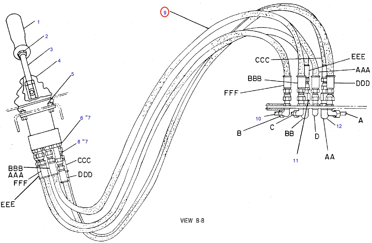 Caterpillar CAT®225D installation diagram showing hydraulic hose 8R-0944 at Pipe No. 9