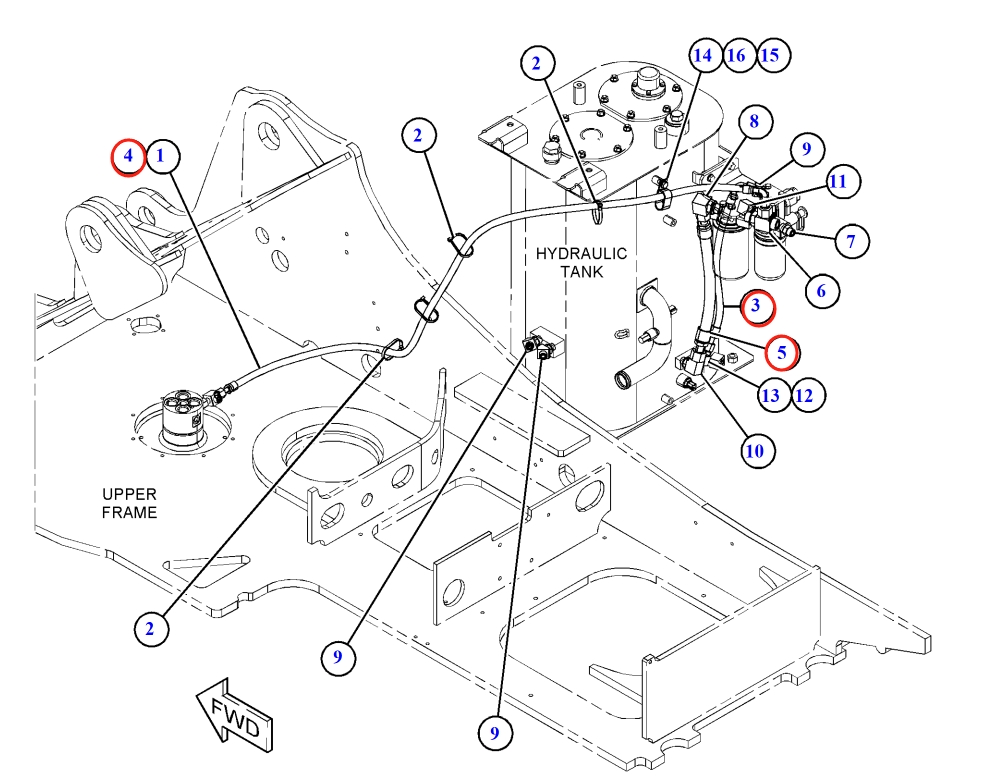 Caterpillar CAT®318D2 installation diagram showing hydraulic hose 176-4743 at Pipe No. 5