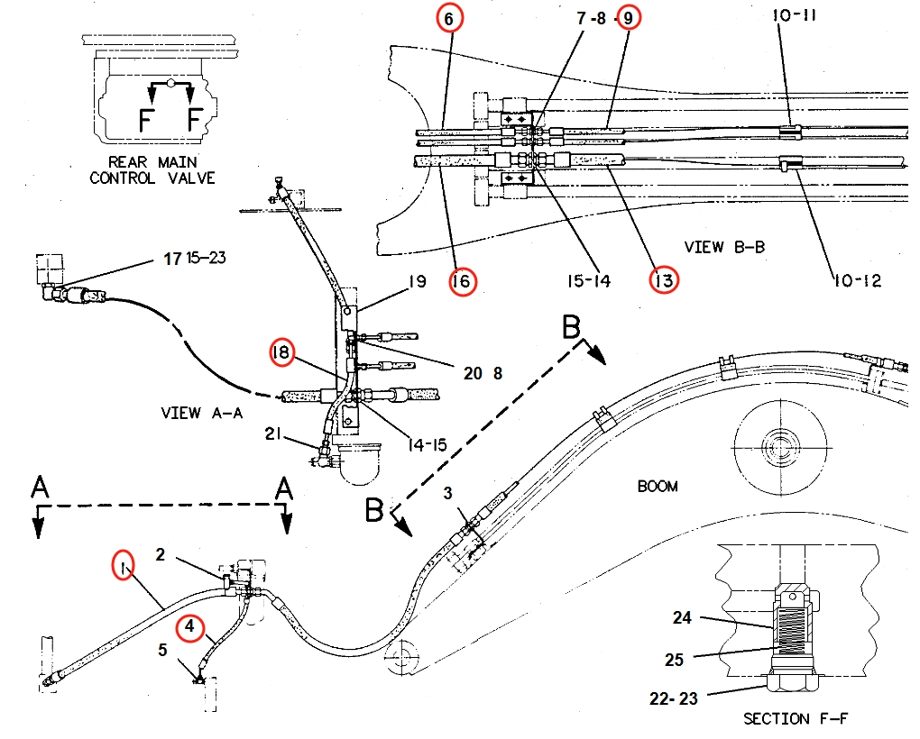 Caterpillar CAT®225B installation diagram showing hydraulic hose 6W-7648 at Pipe No. 13