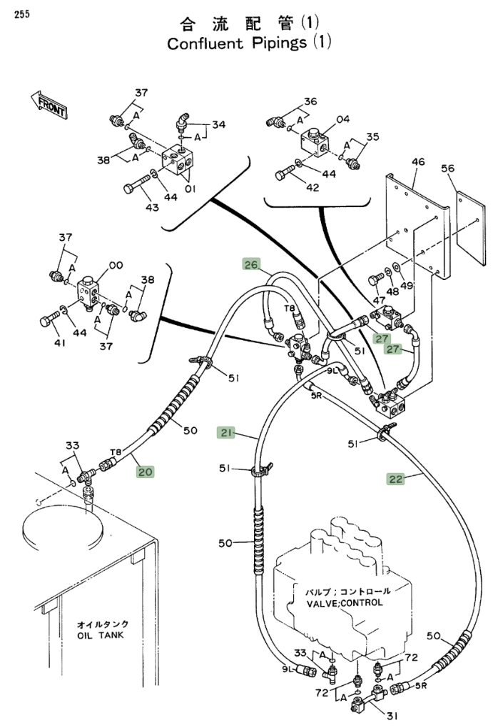 Hitachi EX270LC installation diagram showing hydraulic hose 4213401 at Pipe No. 26