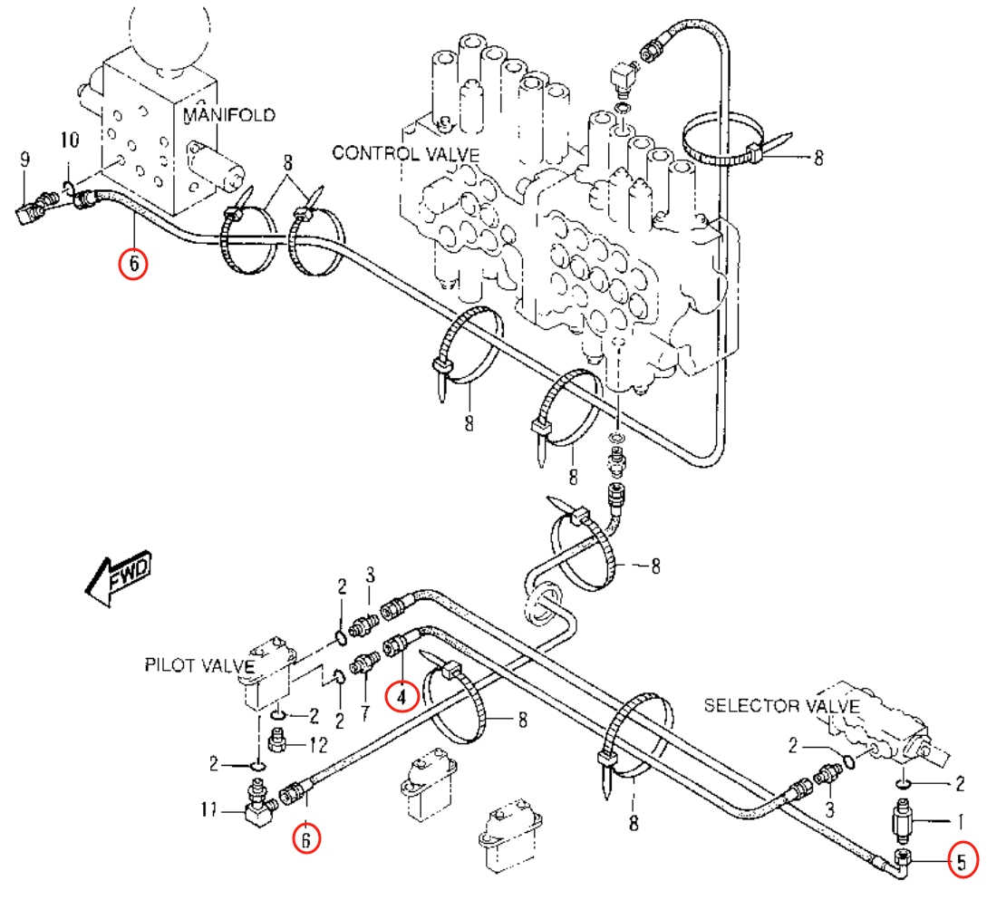 Caterpillar CAT®307-A installation diagram showing hydraulic hose 111-6502 at Pipe No. 6
