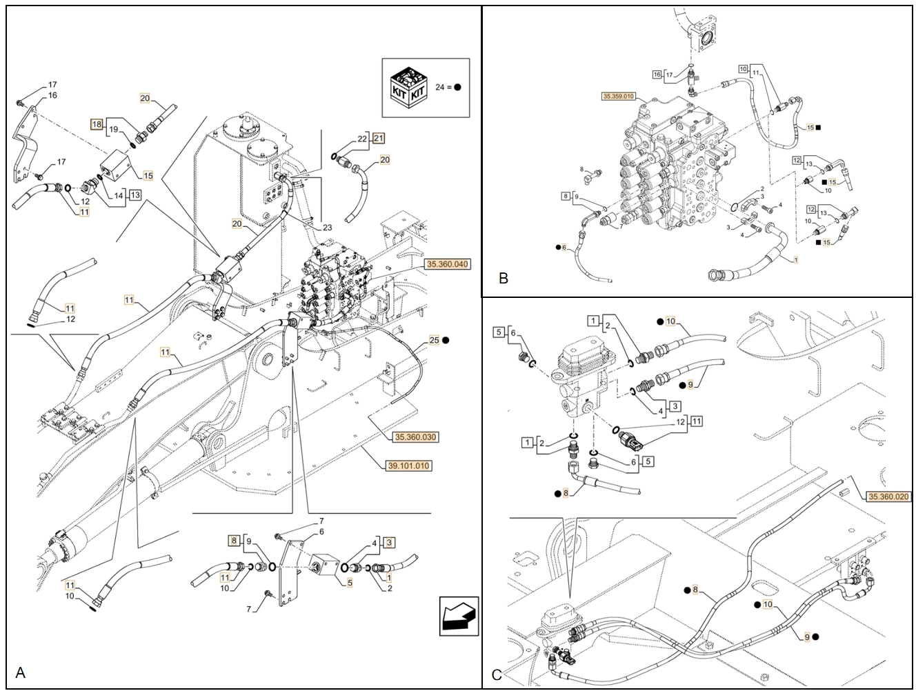 Case CX130D LC installation diagram showing hydraulic hose KHJ2199 at Pipe No. A25-B6-C8