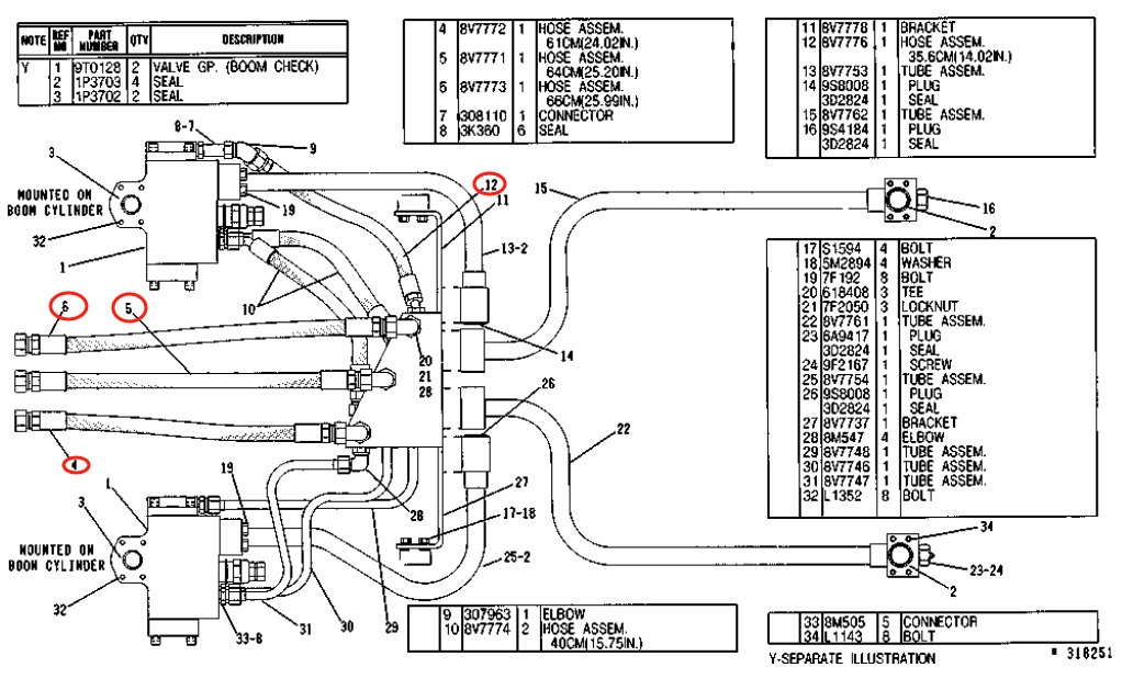 Caterpillar CAT®215B installation diagram showing hydraulic hose 8V-7771 at Pipe No. 5