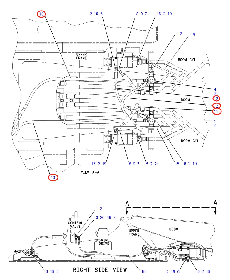 Caterpillar CAT®317B LN installation diagram showing hydraulic hose 138-3408 at Pipe No. 10