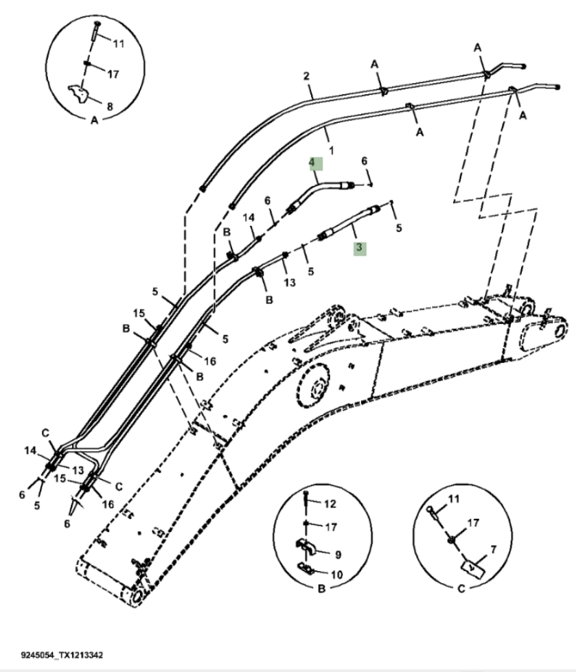 Hitachi ZX370FLC-FE-6N installation diagram showing hydraulic hose 4628956 at Pipe No. 4