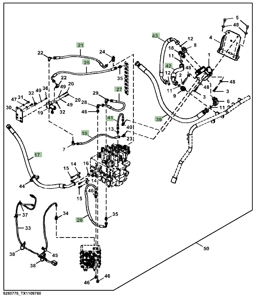 Hitachi ZX130-5N installation diagram showing hydraulic hose 4470393 at Pipe No. 41