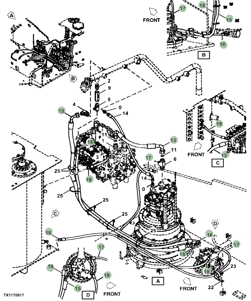 Hitachi ZX230W-5N installation diagram showing hydraulic hose 4313438 at Pipe No. 16