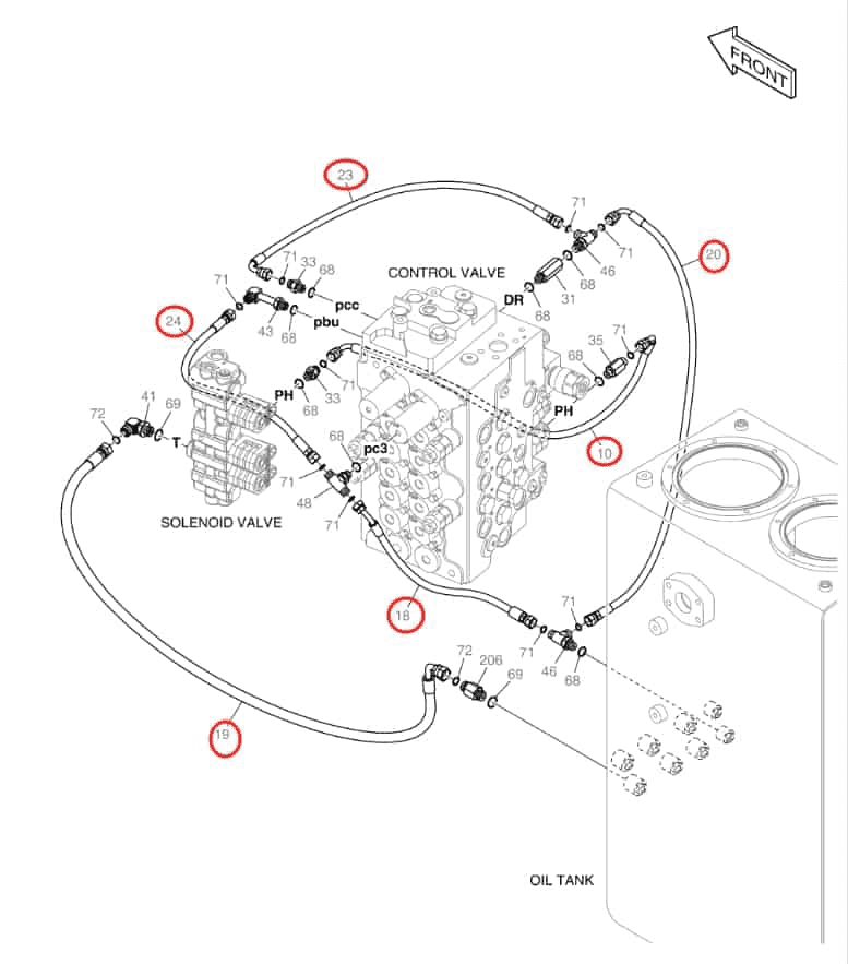 Doosan DX140LCR-5 installation diagram showing hydraulic hose DS2121002 at Pipe No. 23