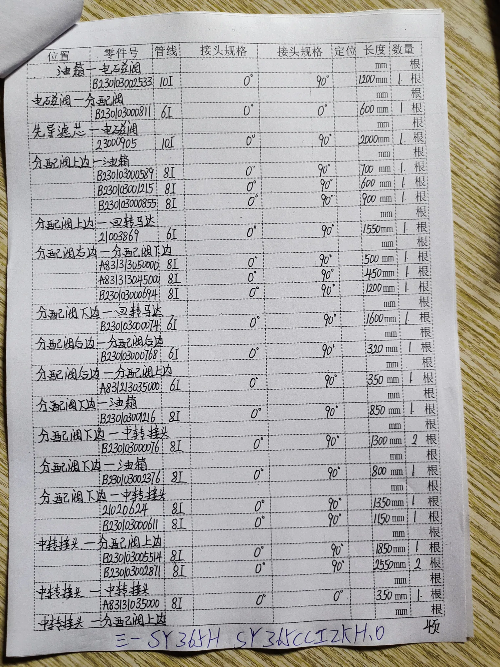 SANY SY365H hydraulic hose part numbers and recorded lengths — technician notebook page 4 of 10 — recorded hose parts A8313035000, A832303500001, A833305000081