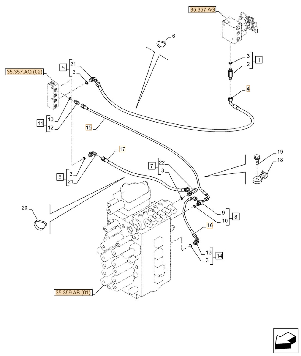 Case CX370D LC installation diagram showing hydraulic hose KHJ16200 at Pipe No. 16