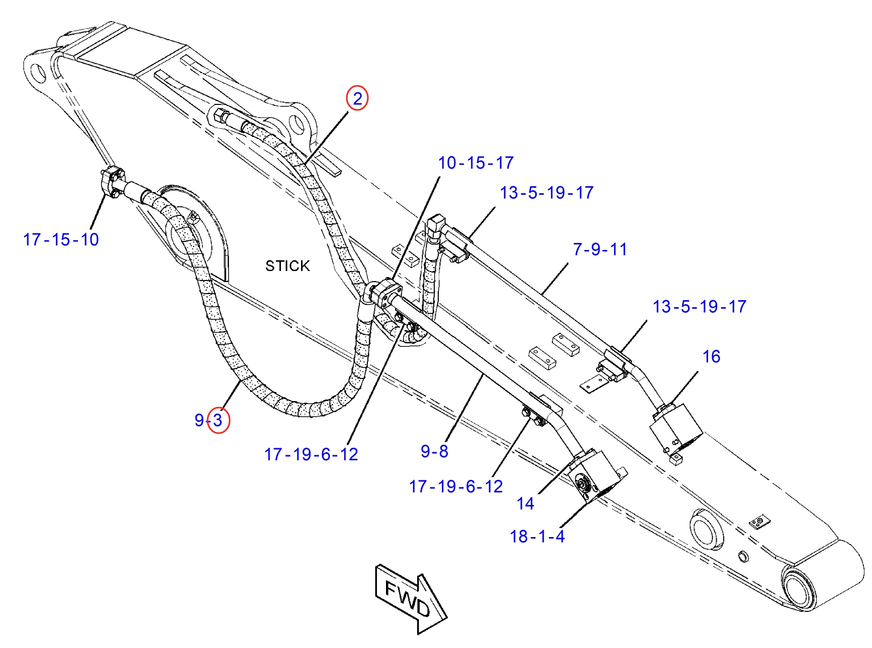 Caterpillar CAT®312D2 installation diagram showing hydraulic hose 187-6692 at Pipe No. 2