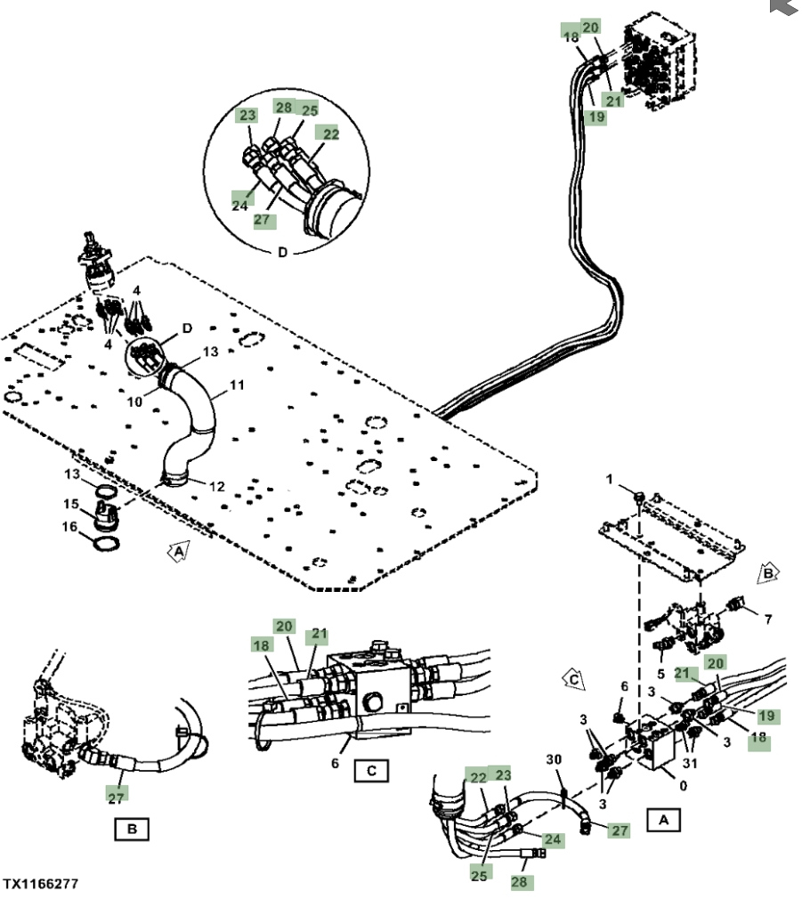 Hitachi ZX190W-5N installation diagram showing hydraulic hose 4644143 at Pipe No. 18