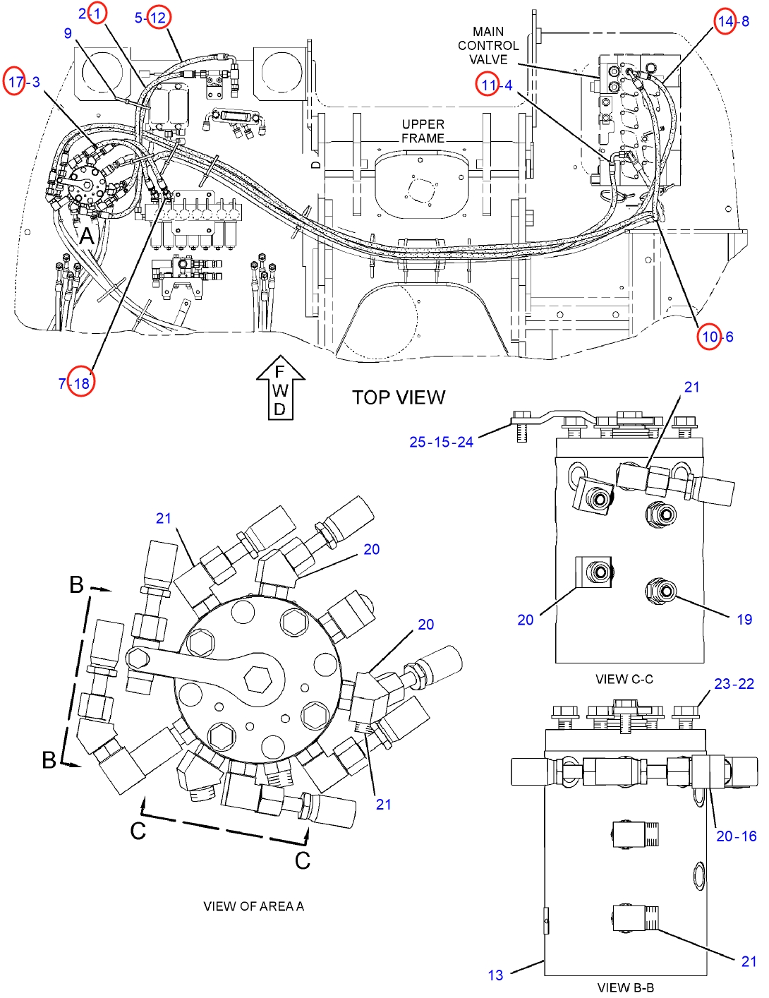 Caterpillar CAT®314D LCR installation diagram showing hydraulic hose 307-4997 at Pipe No. 17