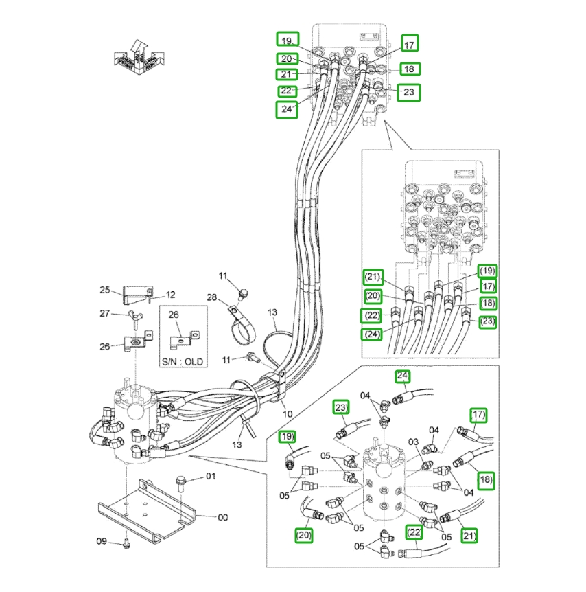 Hitachi ZX160LC-3 installation diagram showing hydraulic hose 4714998 at Pipe No. 20