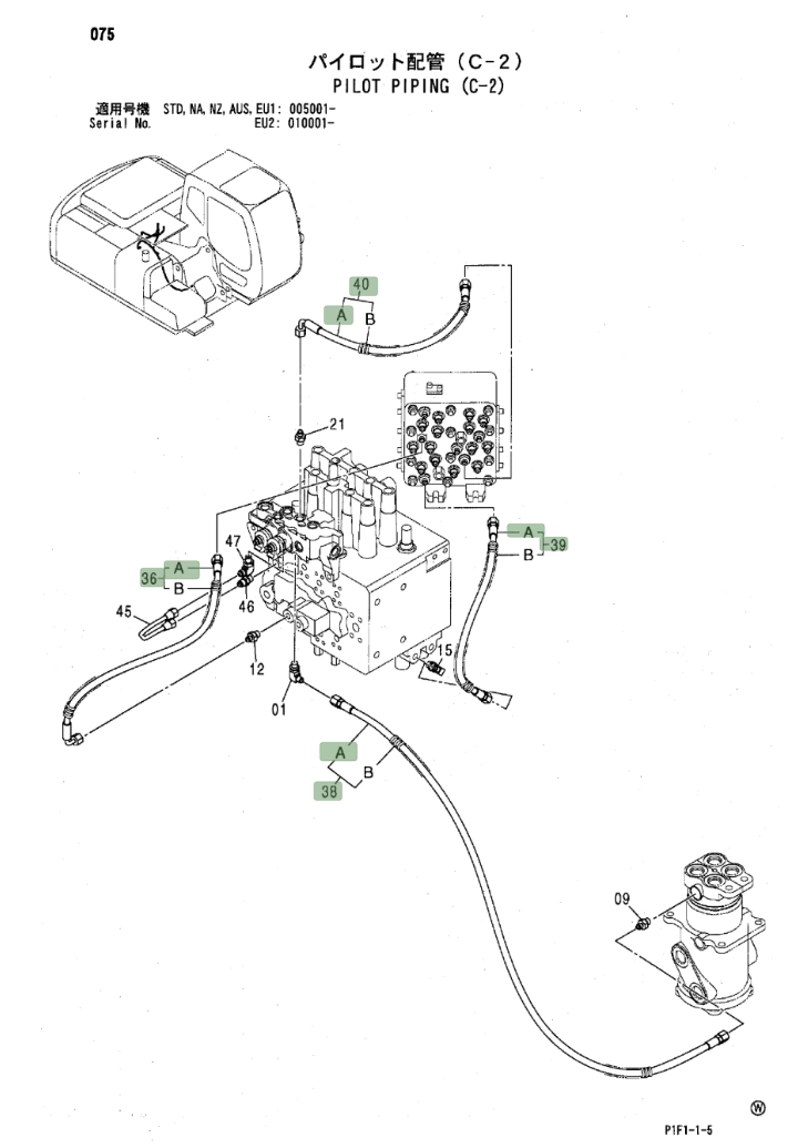 Hitachi ZX160LC installation diagram showing hydraulic hose 4437282 at Pipe No. 39A