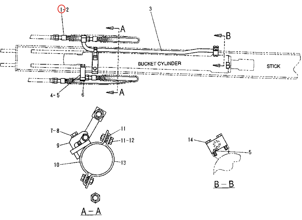 Caterpillar CAT®307-A installation diagram showing hydraulic hose 107-1460 at Pipe No. 1