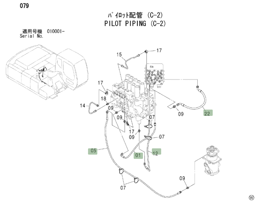 Hitachi ZX230LC installation diagram showing hydraulic hose 4427111 at Pipe No. 1