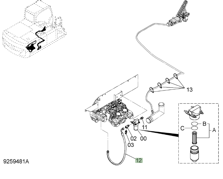 Hitachi ZX220W-3 installation diagram showing hydraulic hose 4669104 at Pipe No. 12