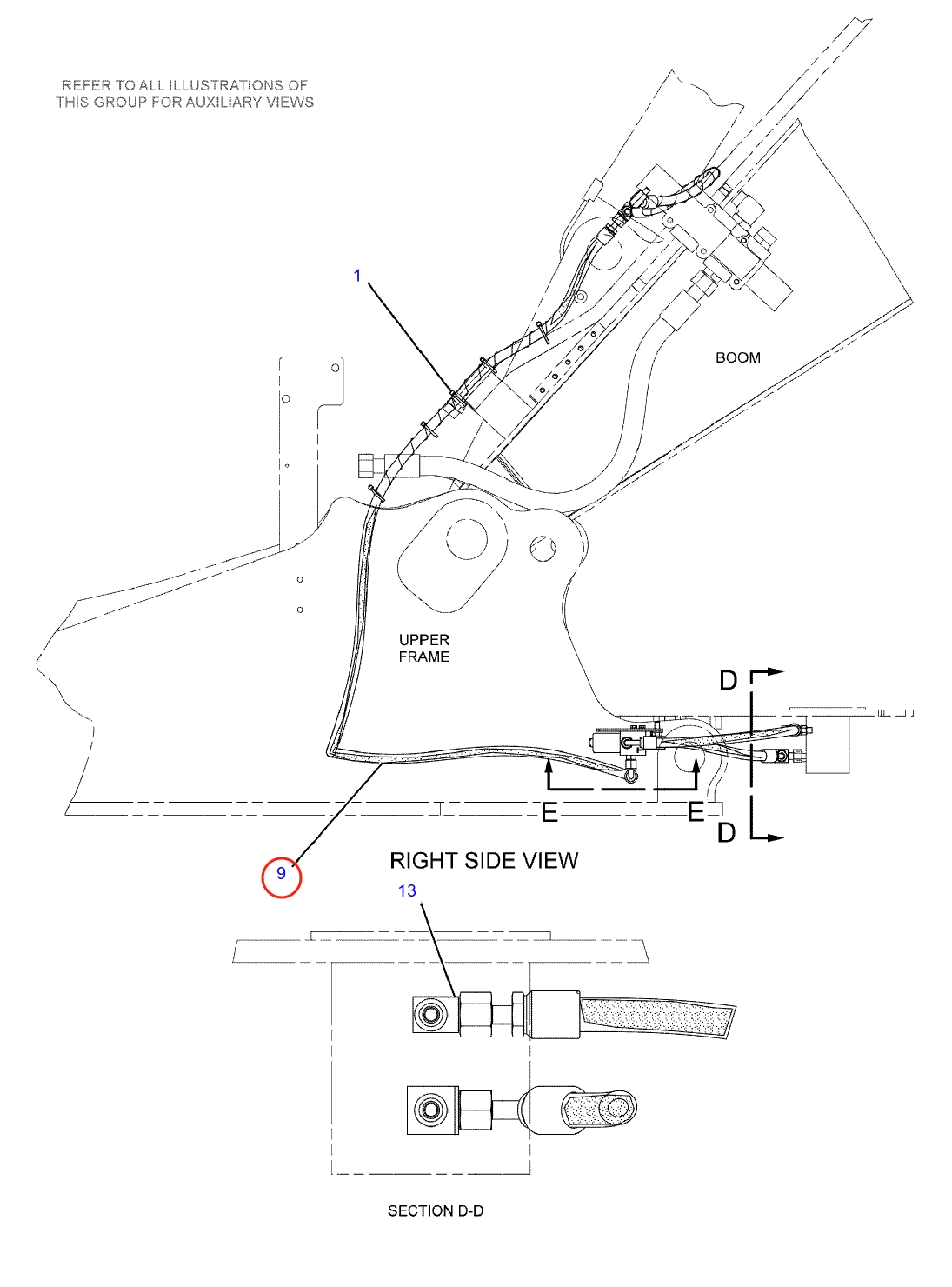 Caterpillar CAT®312C installation diagram showing hydraulic hose 225-7623 at Pipe No. 9