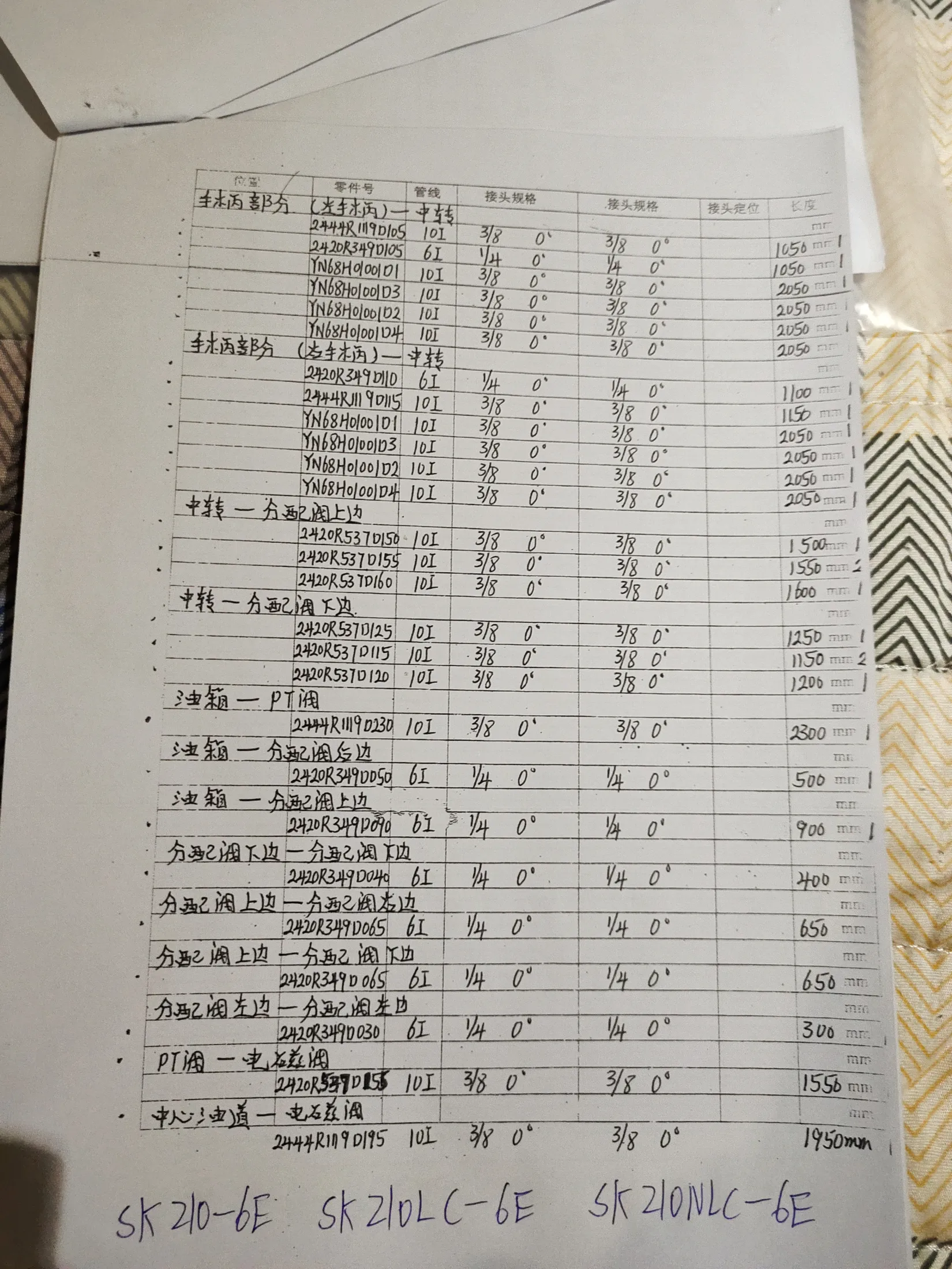 Kobelco SK20LC-6E hydraulic hose part numbers and recorded lengths — technician notebook page 3 of 4 — recorded hose parts 2420K537D115, 2420R349D065, 2420R5370120