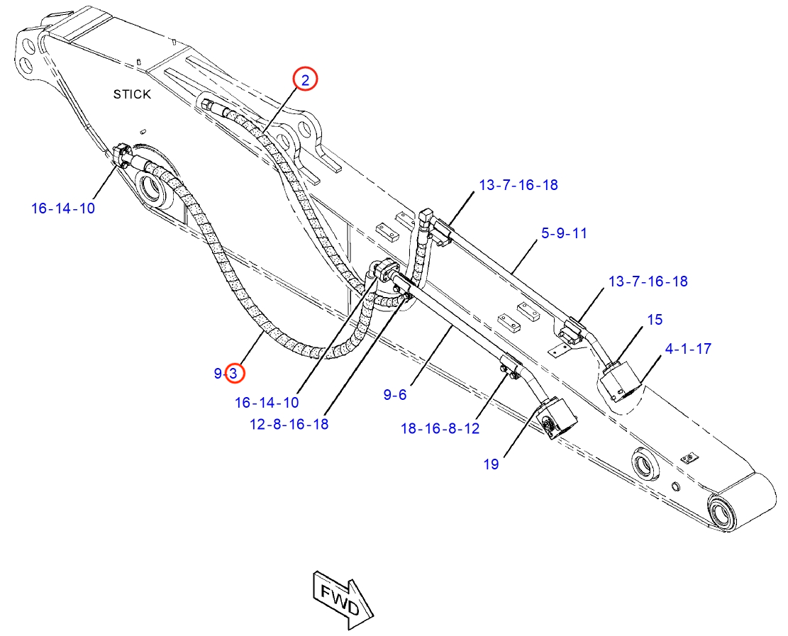 Caterpillar CAT®314D LCR installation diagram showing hydraulic hose 102-1279 at Pipe No. 2