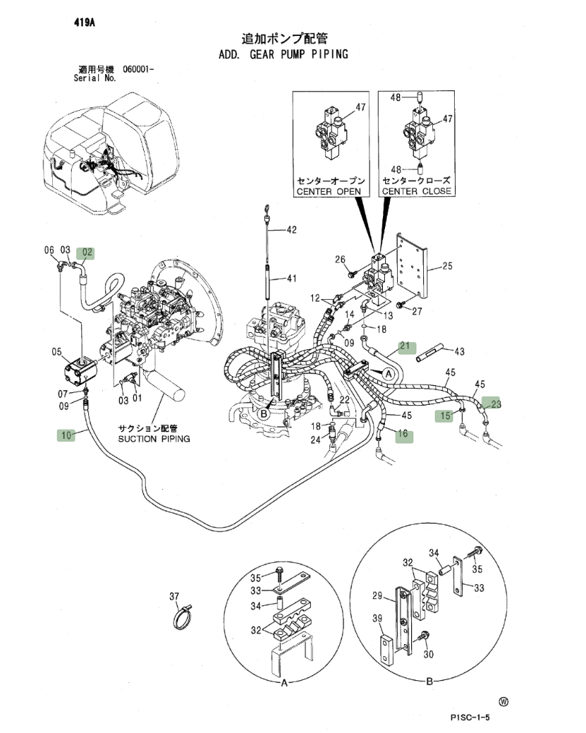 Hitachi ZX135US installation diagram showing hydraulic hose 4387816 at Pipe No. 15