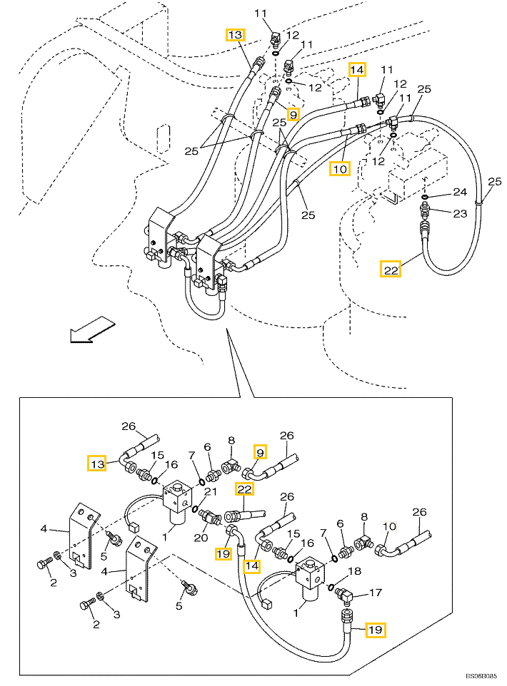 Case CX700 installation diagram showing hydraulic hose 161483A1 at Pipe No. 19