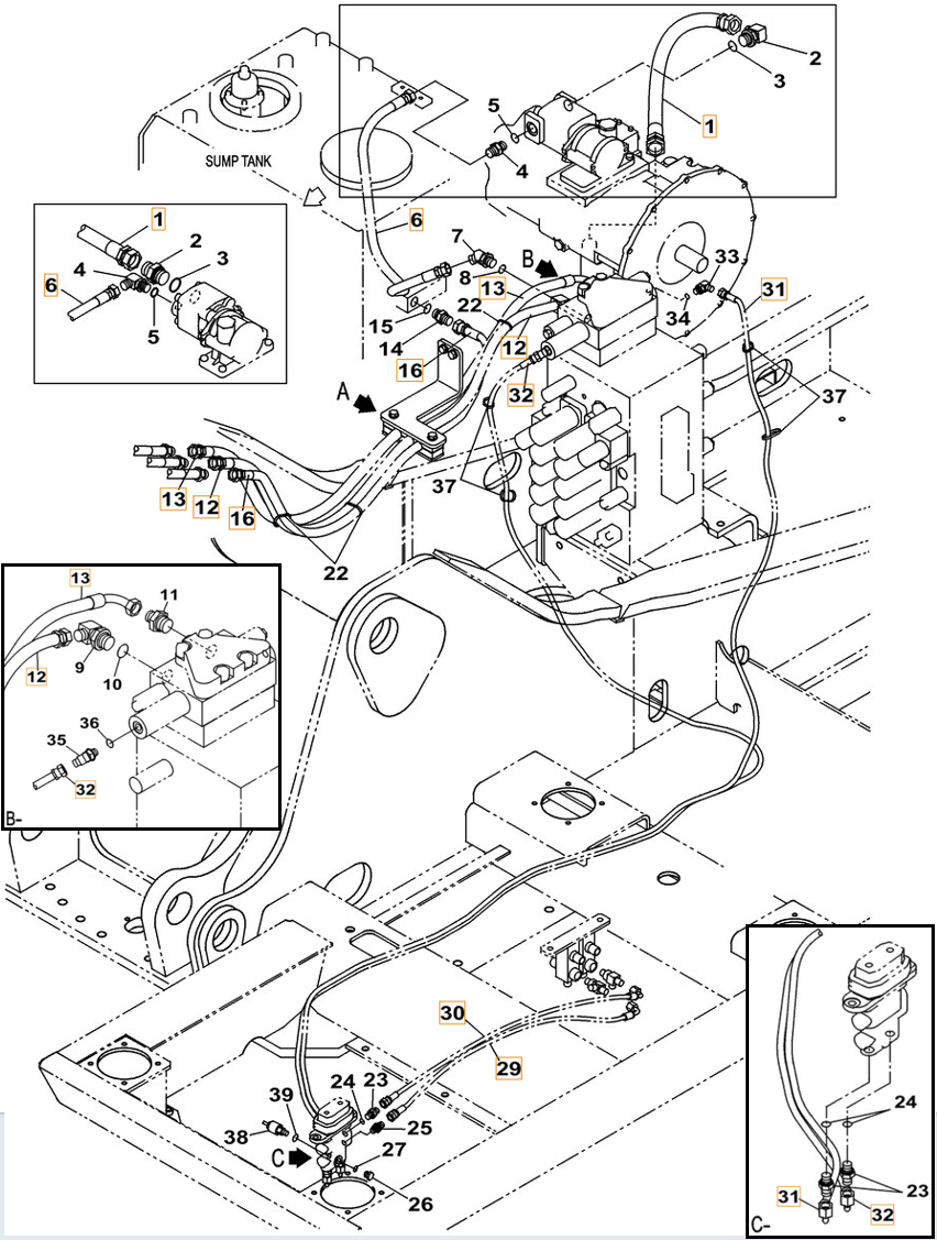 Case CX260C installation diagram showing hydraulic hose KHJ15170 at Pipe No. 32