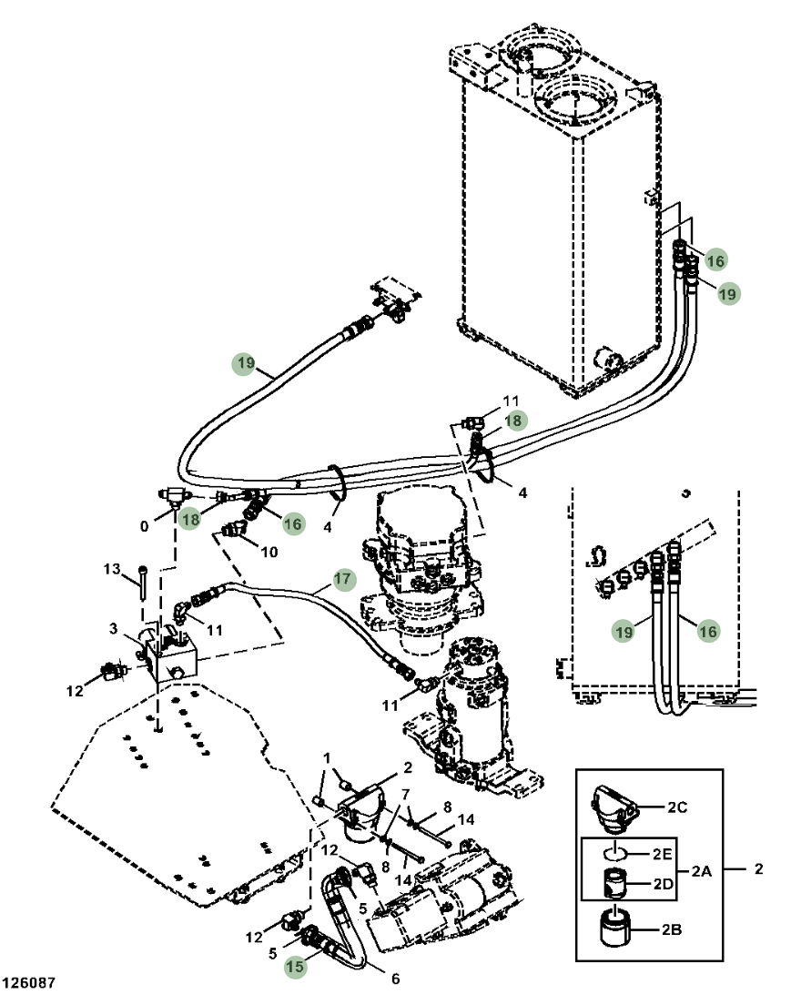 Hitachi ZX30U-5N installation diagram showing hydraulic hose 4364414 at Pipe No. 16