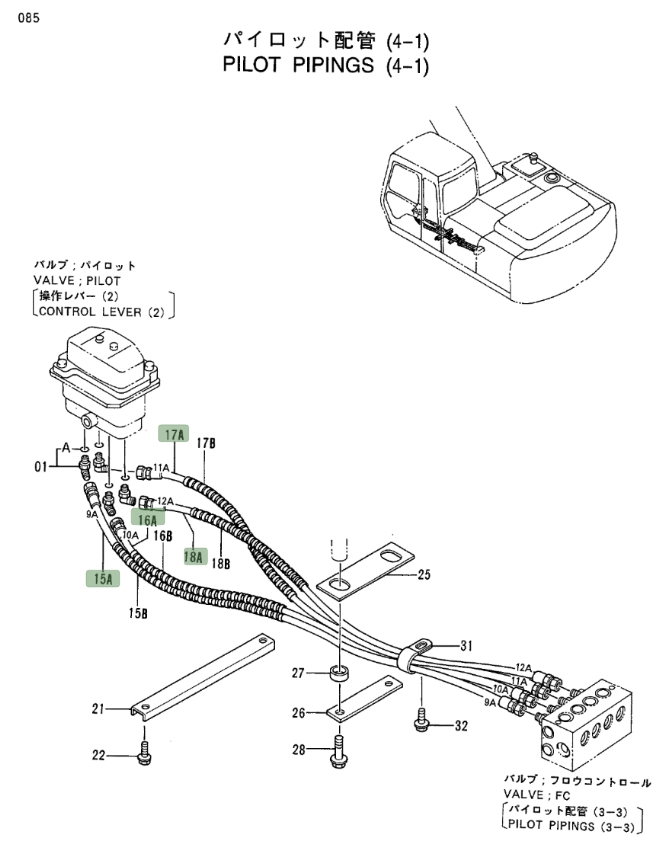Hitachi EX200LC-3 installation diagram showing hydraulic hose 4330137 at Pipe No. 17A