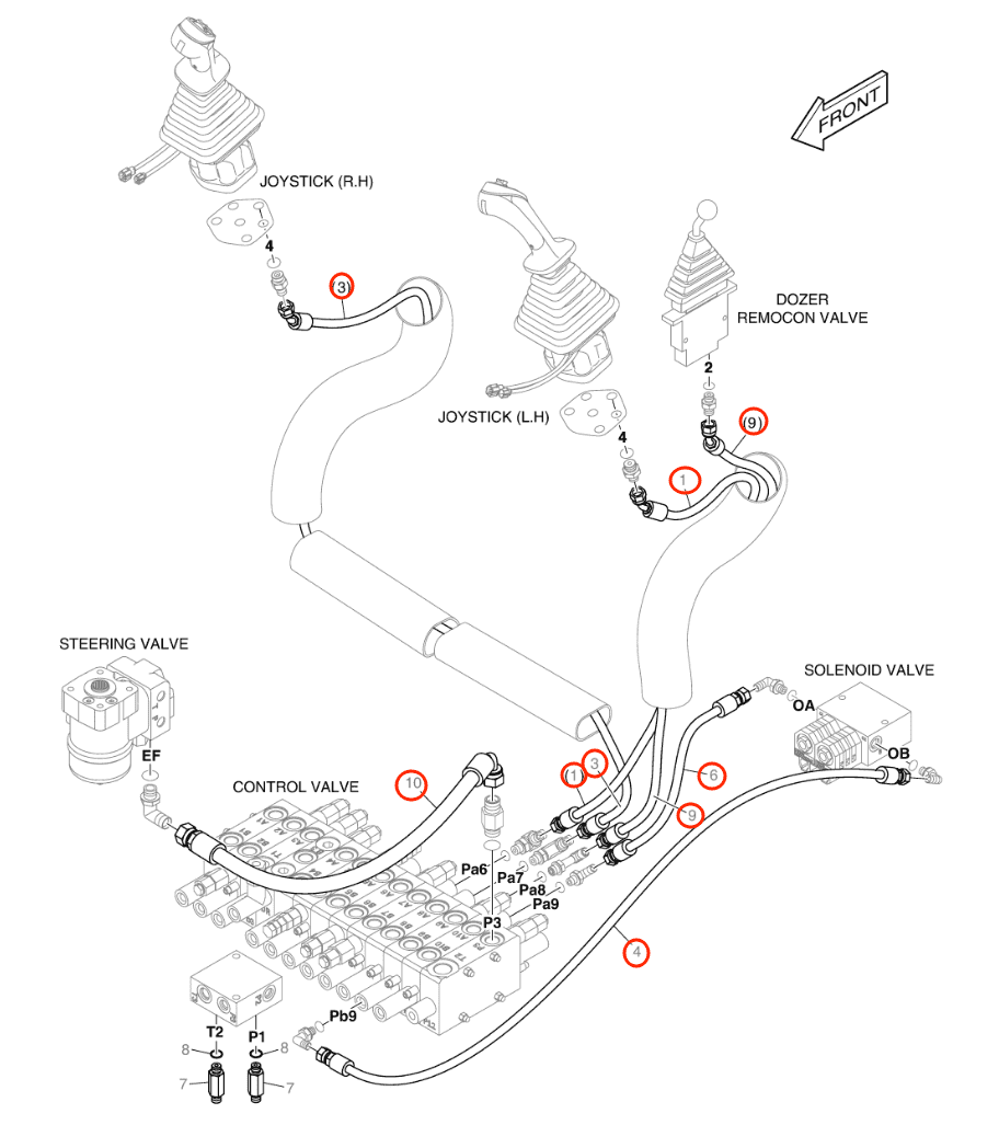 Doosan DX57W-5 installation diagram showing hydraulic hose DS2092062 at Pipe No. 1