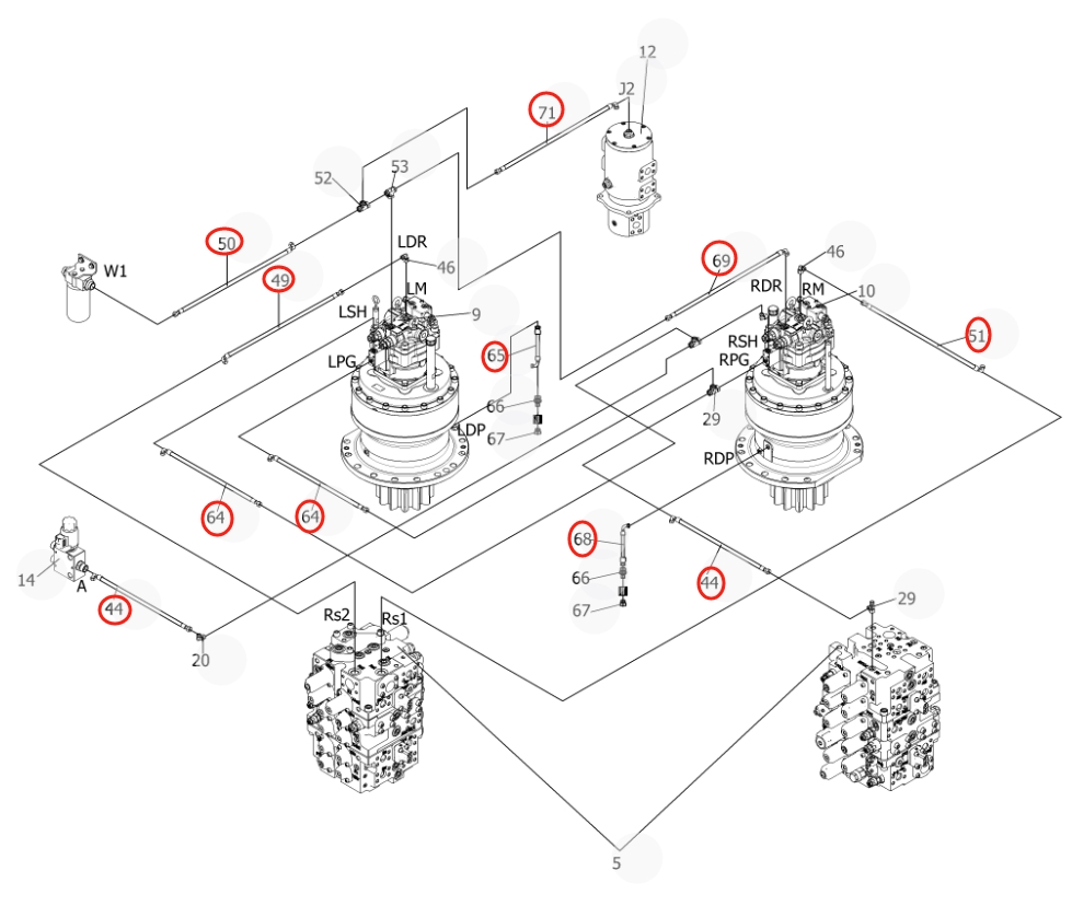 Sunward SWE750F installation diagram showing hydraulic hose 73050200B170 at Pipe No. 49