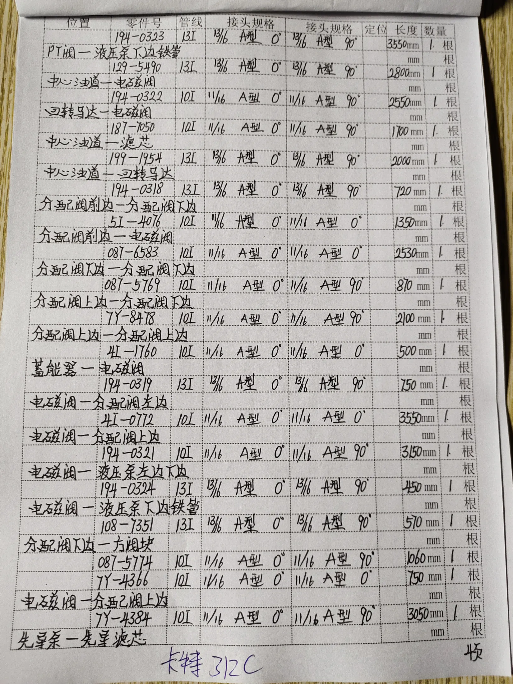 Caterpillar 312C hydraulic hose part numbers and recorded lengths — technician notebook page 4 of 6 — recorded hose parts 4I-0772, 4I-1760