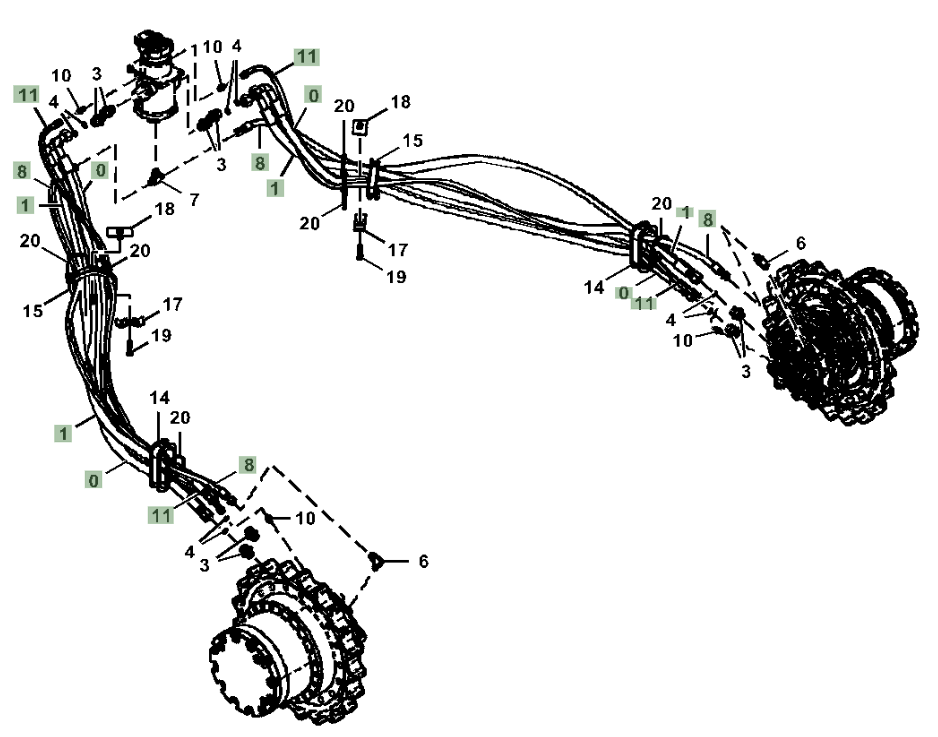 Hitachi ZX210LC-5N installation diagram showing hydraulic hose 4447566 at Pipe No. 11