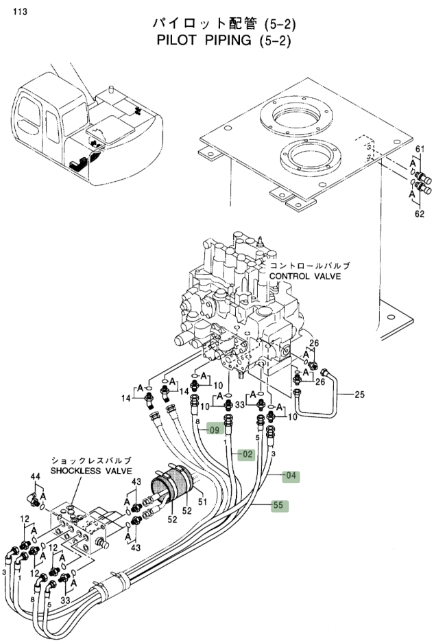 Hitachi EX120-5 installation diagram showing hydraulic hose 4346060 at Pipe No. 4