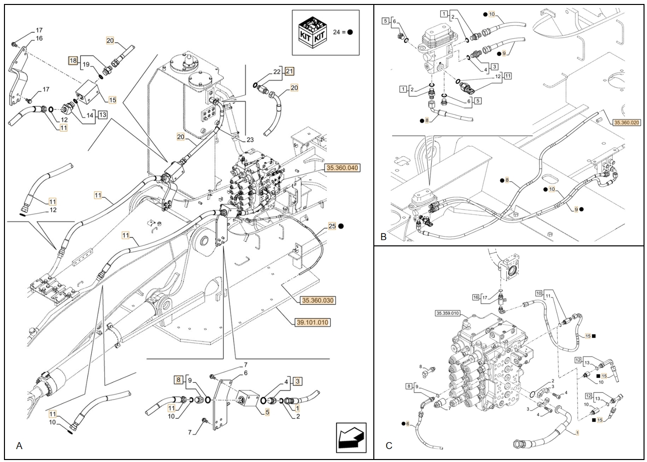 Case CX130D installation diagram showing hydraulic hose KRJ32660 at Pipe No. 20