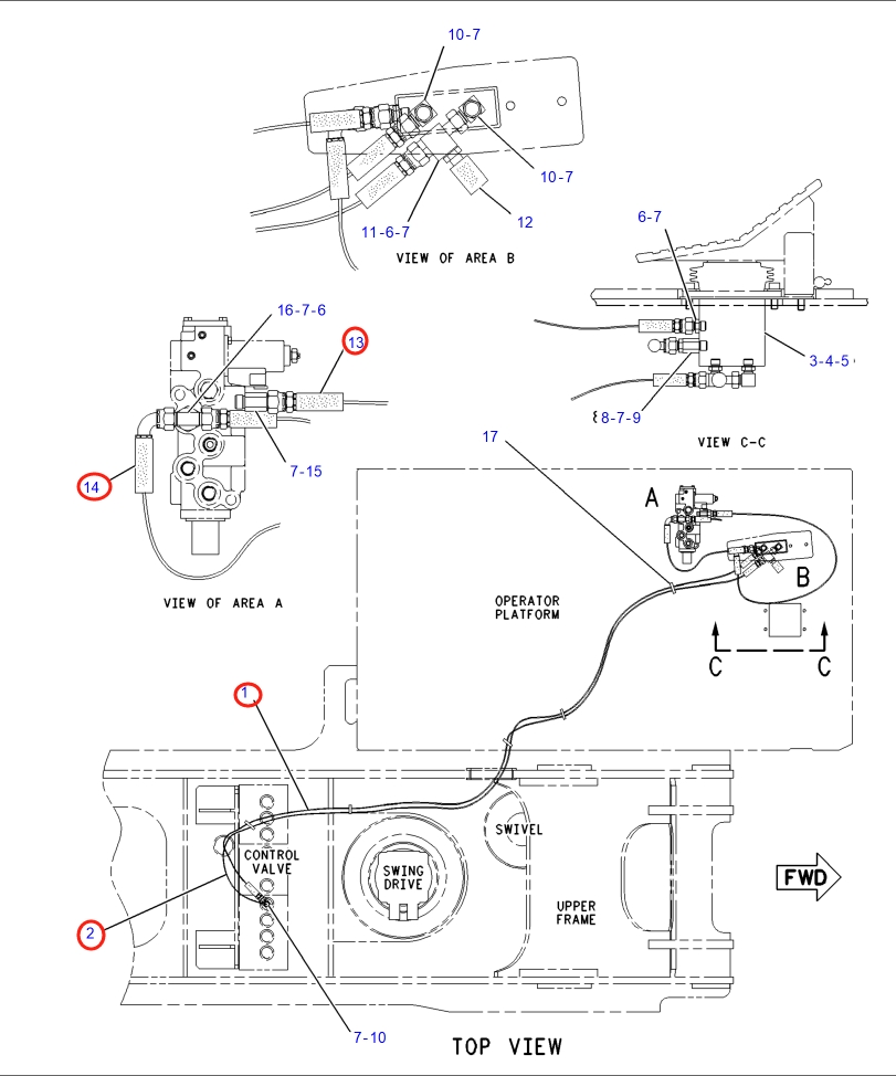Caterpillar CAT®317B L installation diagram showing hydraulic hose 7I-7117 at Pipe No. 1