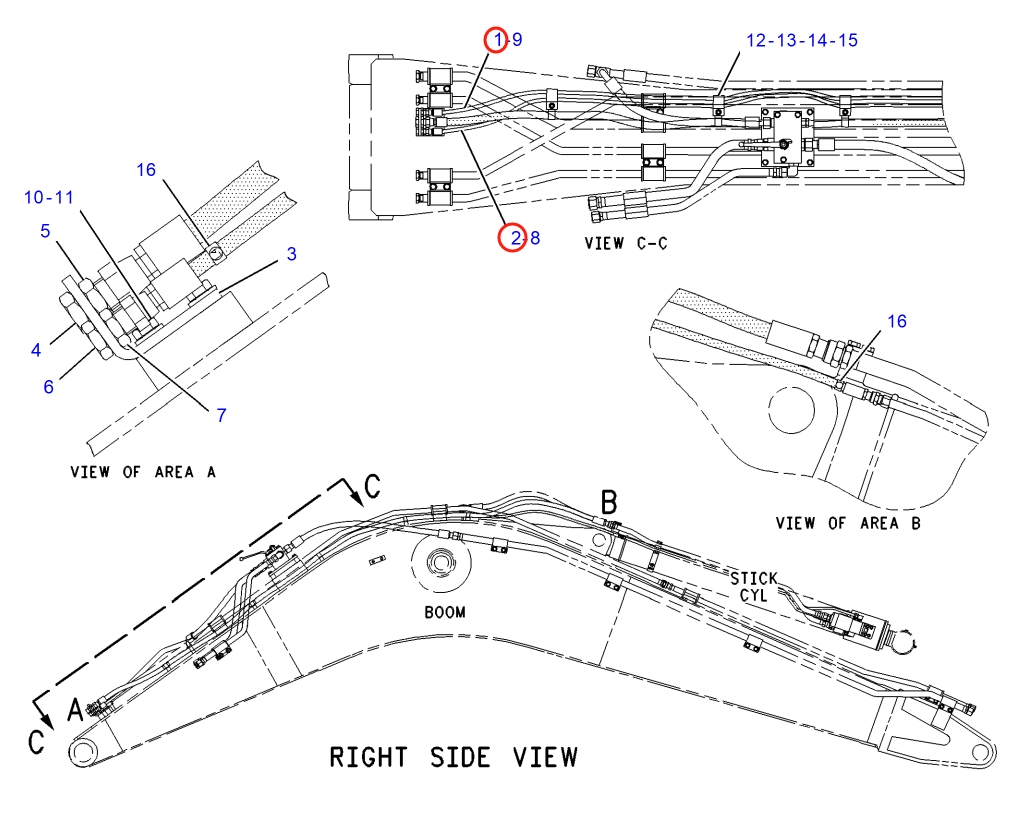 Caterpillar CAT®317B LN installation diagram showing hydraulic hose 128-3129 at Pipe No. 2