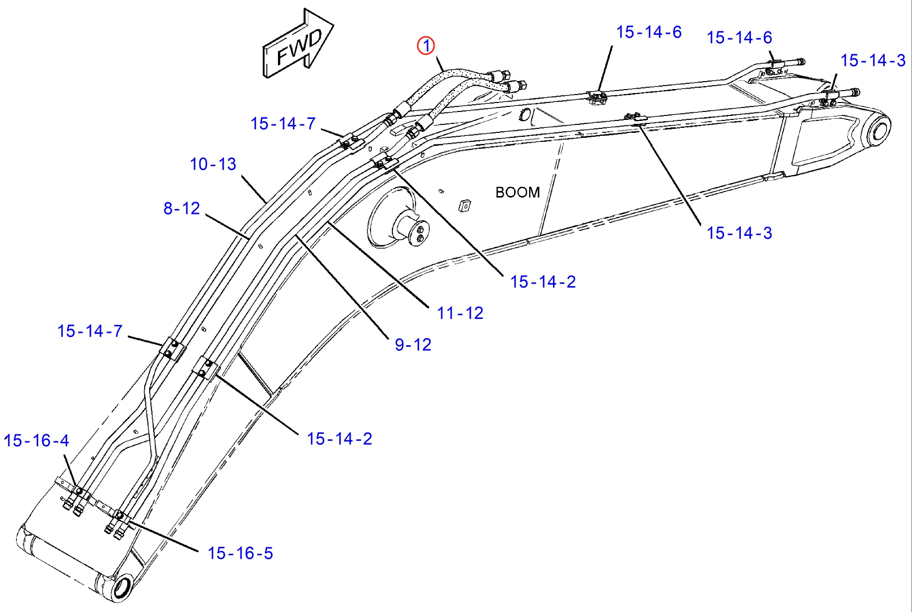 Caterpillar CAT®312D2 L installation diagram showing hydraulic hose 4I-1095 at Pipe No. 1