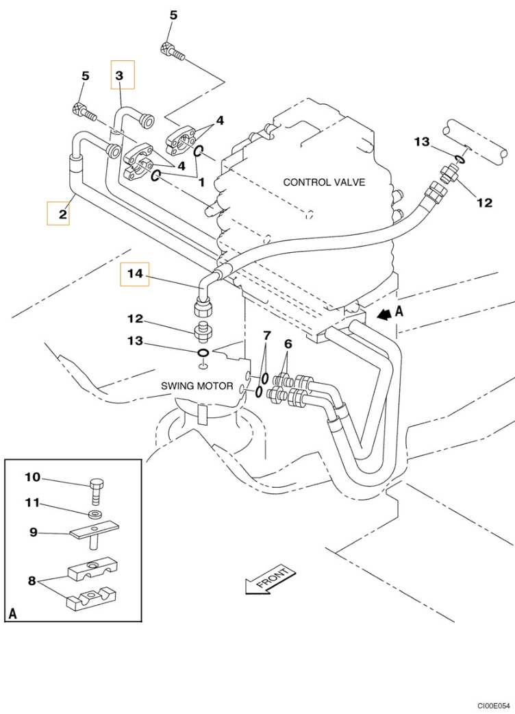 Case CX130 installation diagram showing hydraulic hose KLJ0257 at Pipe No. 14